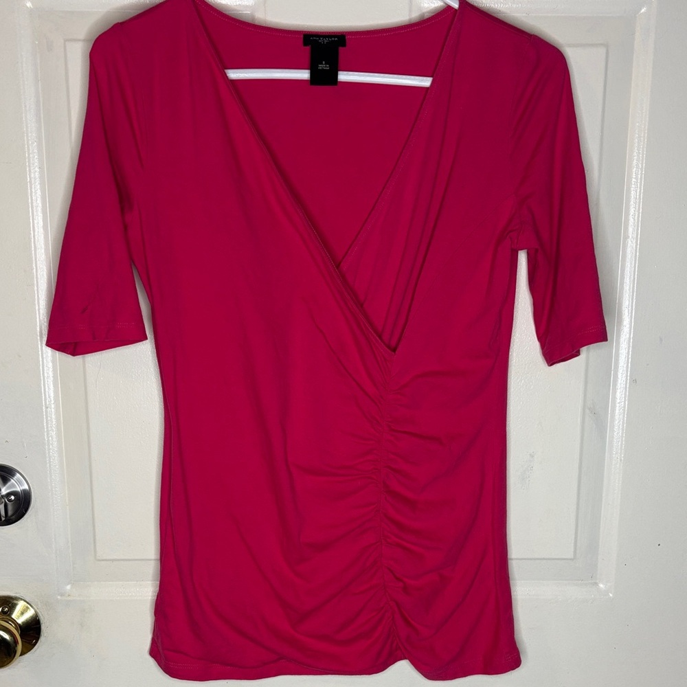 Ann Taylor Hot Pink Ruched Surplice Short Sleeve Top